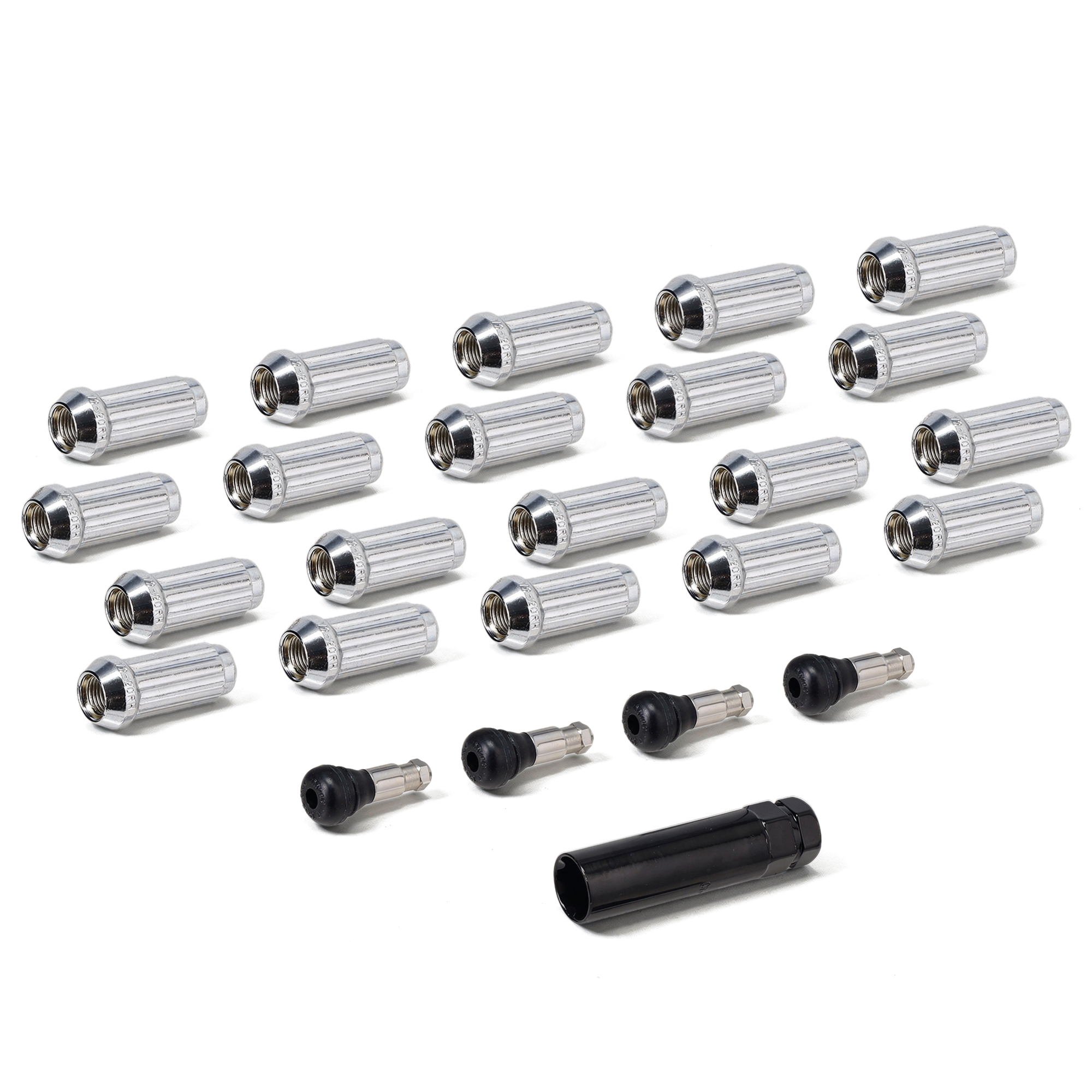 u102 04 chrome splined lug nuts valve stems 1 2 20 1966 79 bronco 1964 79 f150
