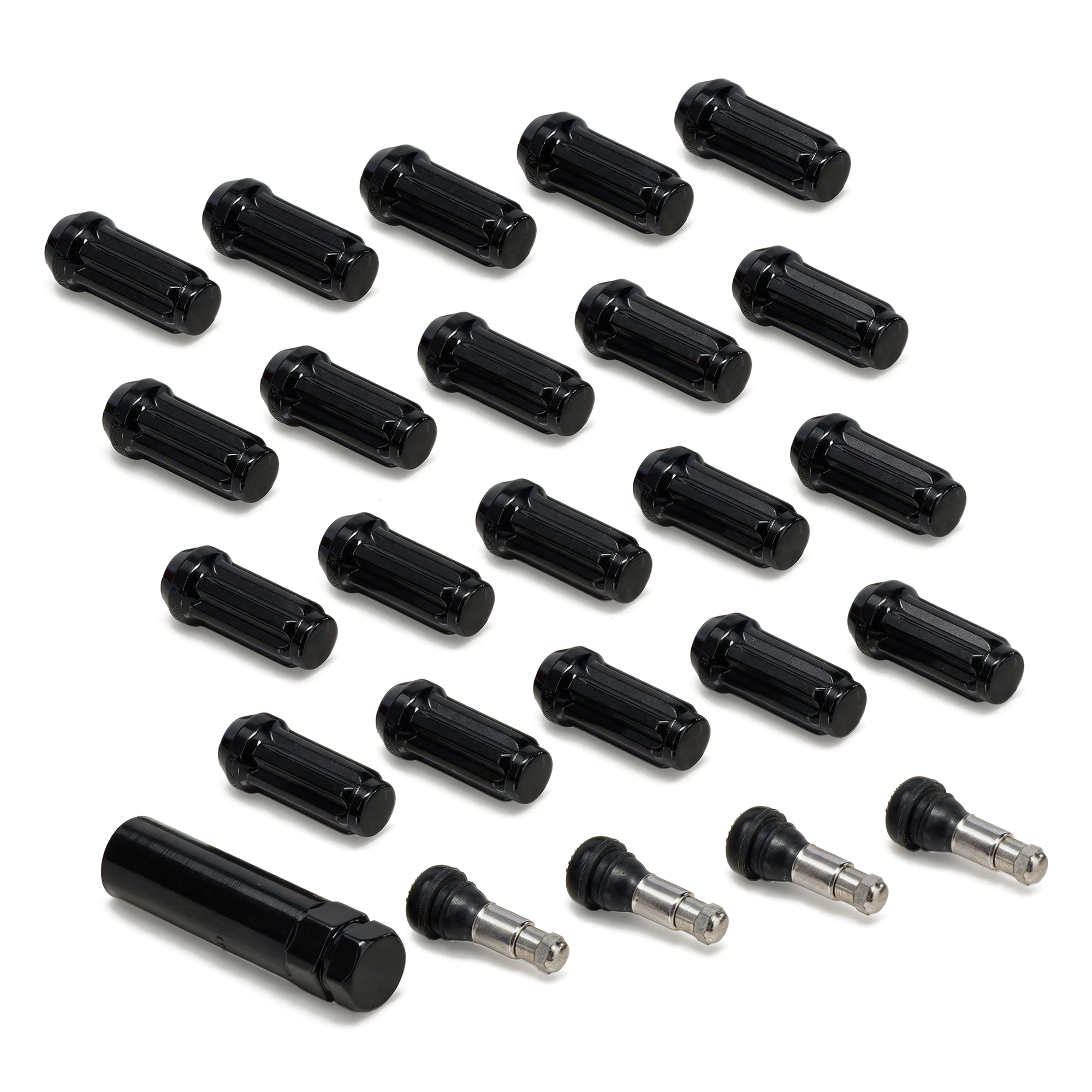 Black Splined Lug Nuts + Valve Stems | 1/2-20 | 1966-79 Bronco, 1964-79 F150