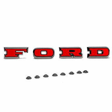 FORD Grille Letters | Black Chrome + OE Red Inserts | 67-77 Ford Bronco