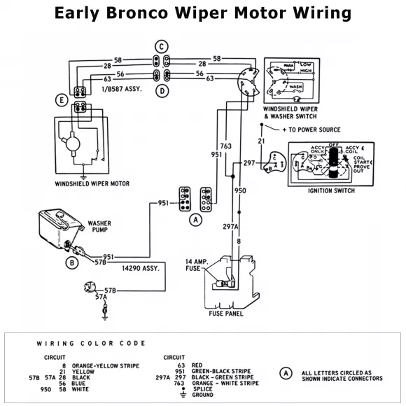 1969-77 Ford Bronco windshield wiper switch wiring schematic and continuity test chart