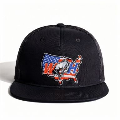 Snapback Flat Bill Trucker Hat | Black | WILD HORSES America Logo