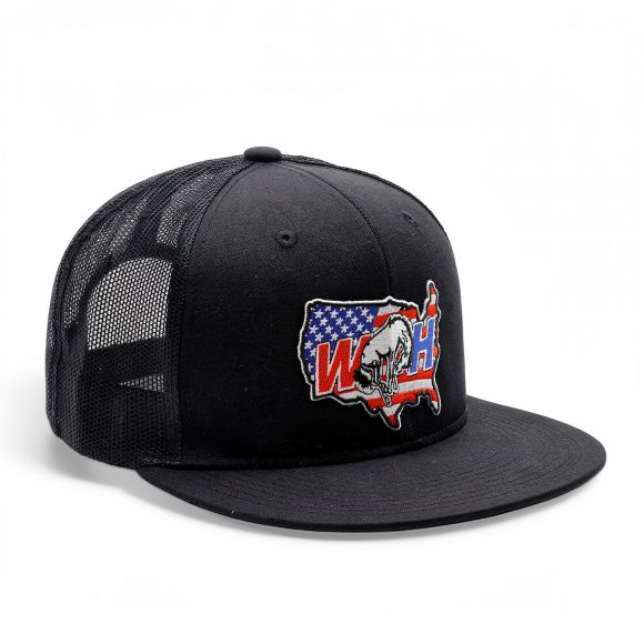 Snapback Flat Bill Trucker Hat | Black | WILD HORSES America Logo