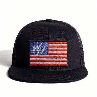 Snapback Flat Bill Trucker Hat | Black | WILD HORSES USA Flag Logo