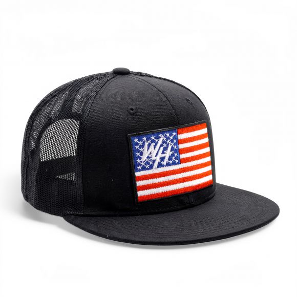 Snapback Flat Bill Trucker Hat | Black | WILD HORSES USA Flag Logo
