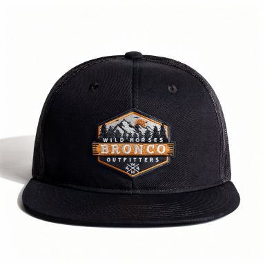 Snapback Flat Bill Trucker Hat | Black | WILD HORSES Mountain Logo