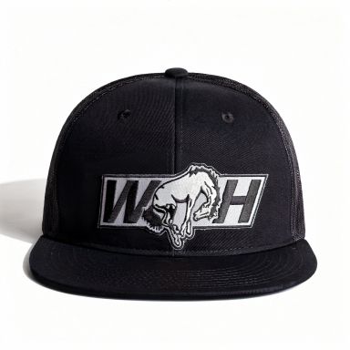 Snapback Flat Bill Trucker Hat | Black | WILD HORSES Gray WH Logo