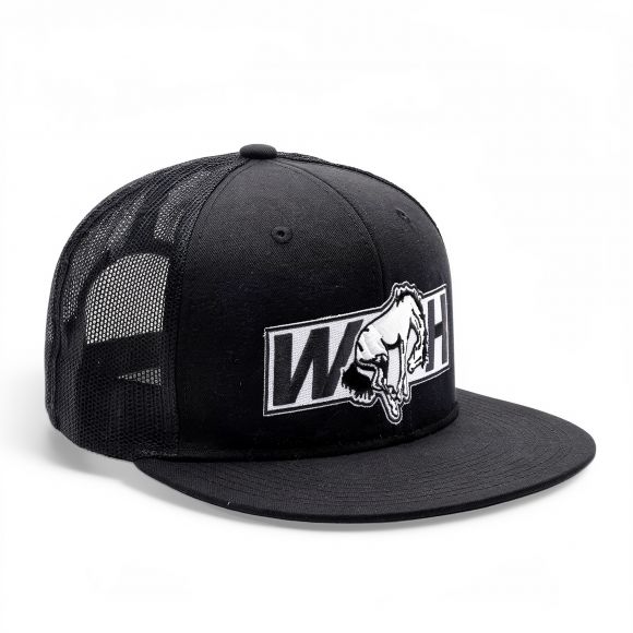 Snapback Flat Bill Trucker Hat | Black | WILD HORSES Gray WH Logo