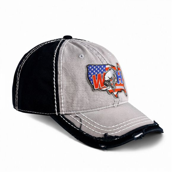 Distressed Low Profile Hat | Light Gray & Black | WILD HORSES WH America Patch