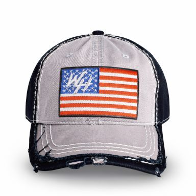 Distressed Low Profile Hat | Light Gray & Black | WILD HORSES WH USA Flag Patch
