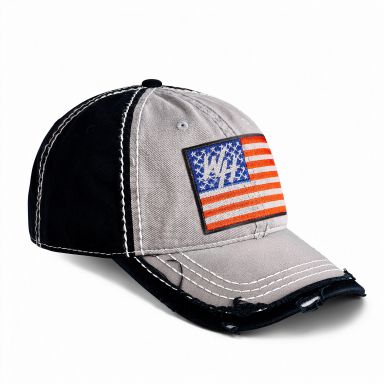 Distressed Low Profile Hat | Light Gray & Black | WILD HORSES WH USA Flag Patch
