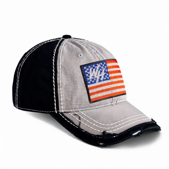 Distressed Low Profile Hat | Light Gray & Black | WILD HORSES WH USA Flag Patch