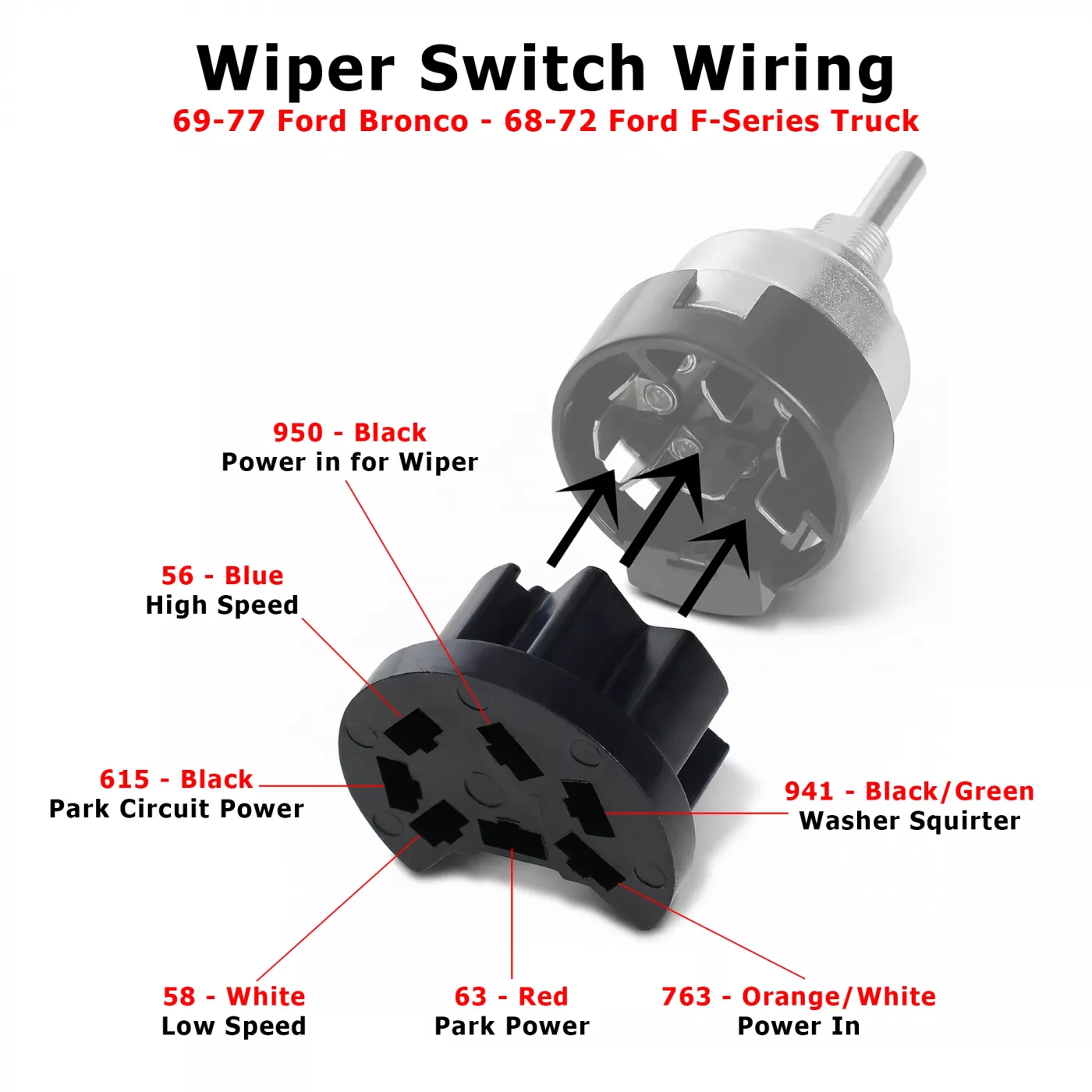 1969-77 Ford Bronco windshield wiper switch wiring schematic and continuity test chart