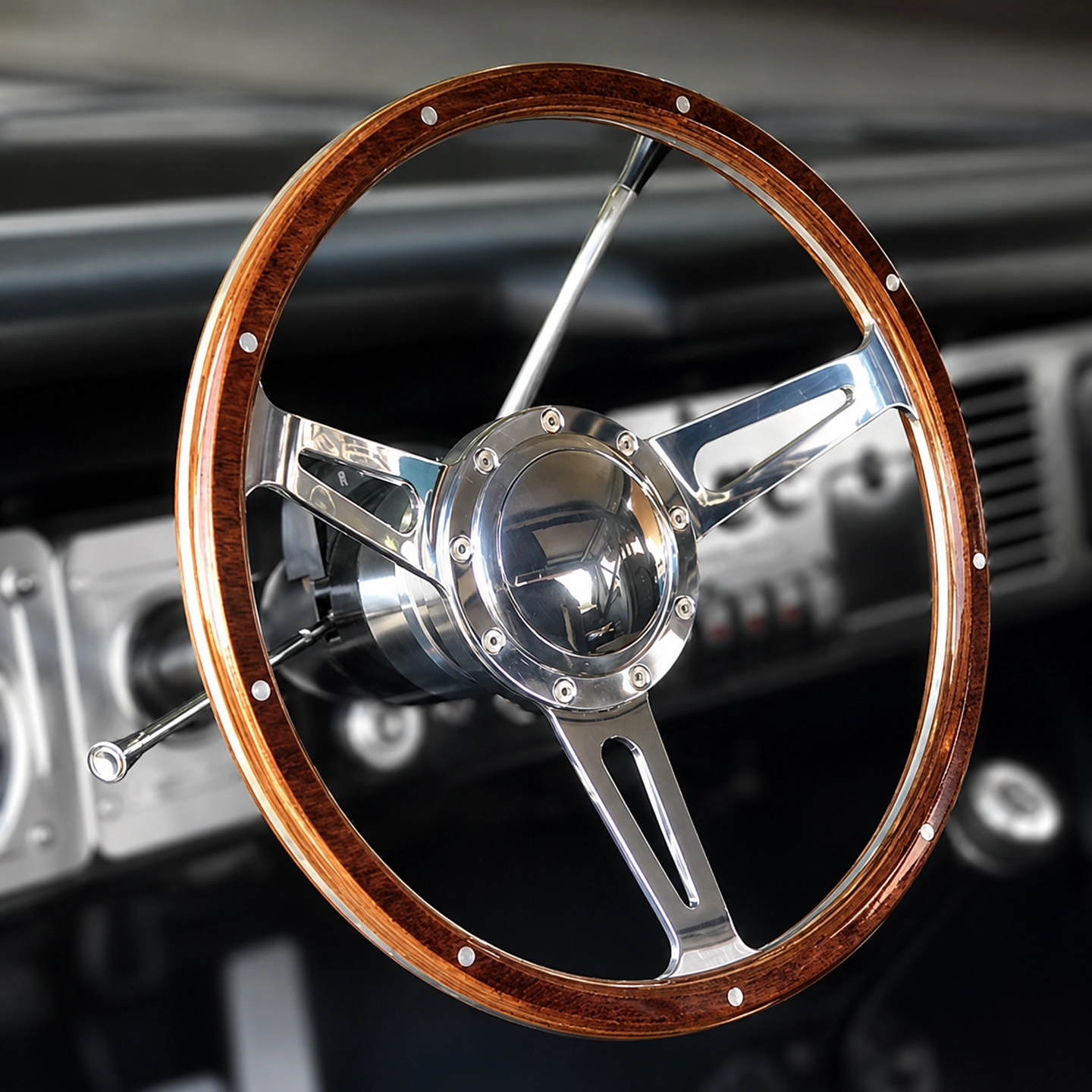 Mark 7 Woody Billet Steering Wheel - Silver, Slotted 3-spoke, 14-inch