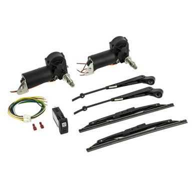 Synchronized Electric Wiper Kit w/ BLACK Flip Forward Windshield Wiper Arms And Blades